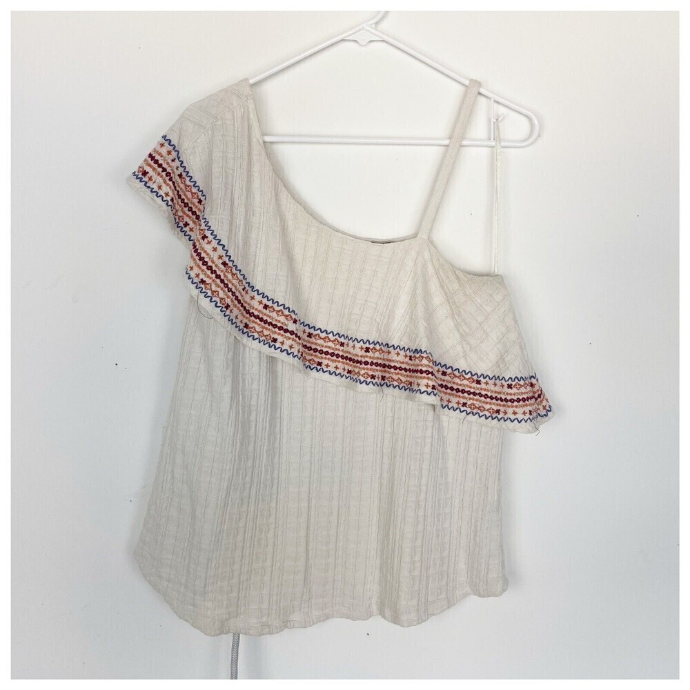 Lucky Brand Knit Blouse Top‎ Large Ivory Multi Color Embroidered One Shoulder‌